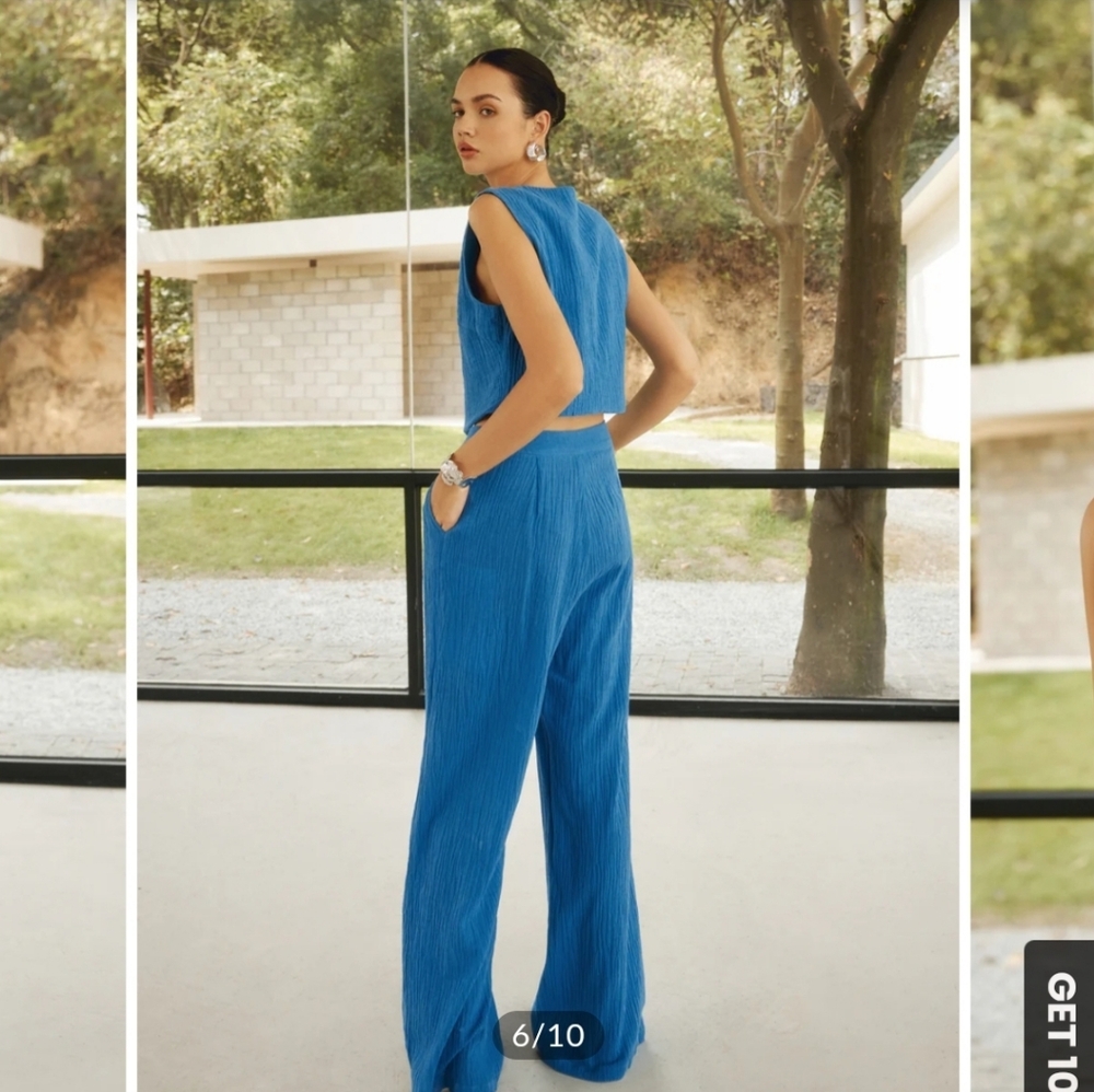 NWT Commense Cotton & Linen Leisure Pants Medium and Vest Small Set Blue - Picture 2 of 7
